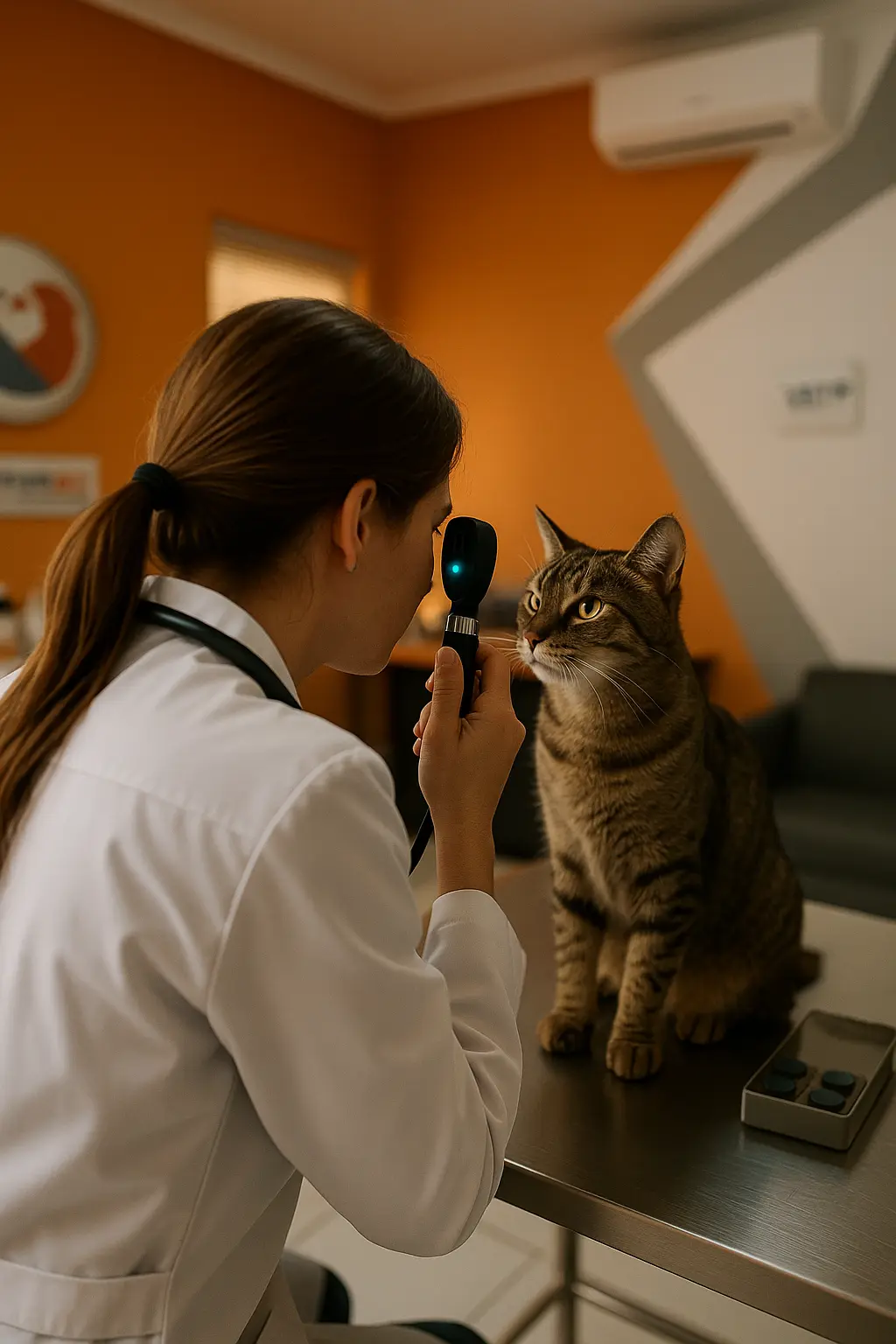 Oftalmologista veterinário examinando olho de pet